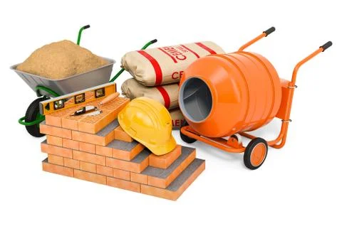 Construction concept. Building materials and equipment, 3D rendering Ilustración de archivo