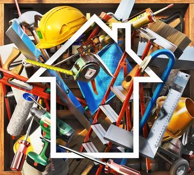 Construction concept. Different building tools behind the house sign. 3d illu Ilustración de archivo