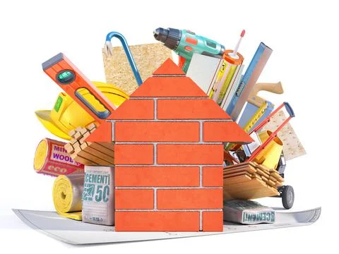 Construction concept. Different building tools behind the brick wall in form Stock Illustration