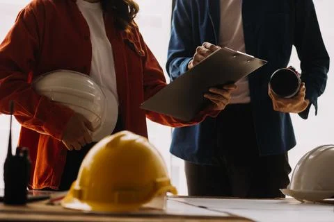 Construction concept of Engineer and Architect working at Construction Site.. Stock Photos