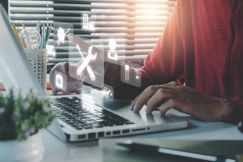 Construction concept, Engineer person working on laptop computer and hand p.. Stock Photos