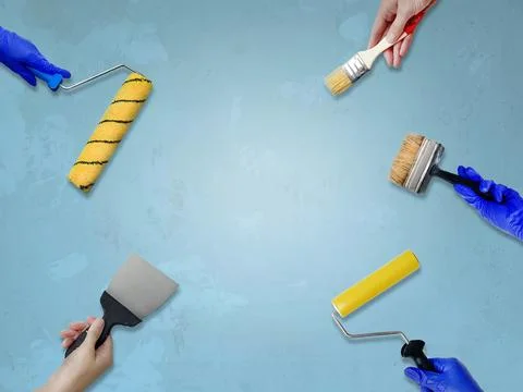 Construction concept hands with all of tools supplies for home construction b Stock Photos