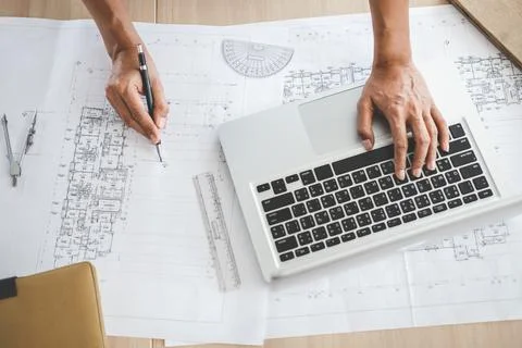 Construction concept, Hands of architect or engineer working for new projec.. Stock Photos