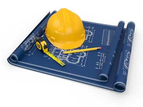 Construction concept. hardhat, blueprint and rulers. Stock Illustration