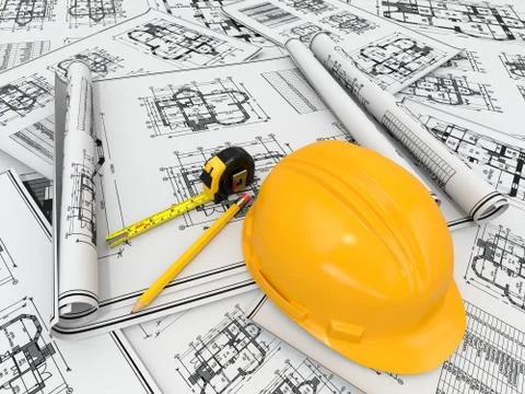 Construction concept. hardhat, blueprint and rulers. Stock Illustration