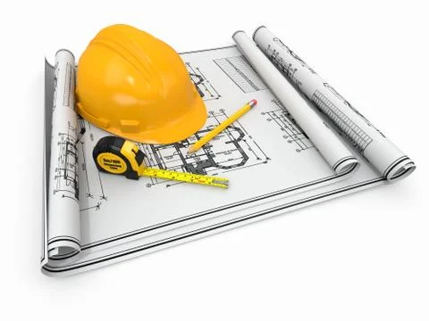 Construction concept. hardhat, blueprint and rulers. Illustration