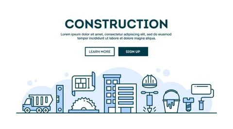 Construction, concept header, flat design thin line style Stock Illustration