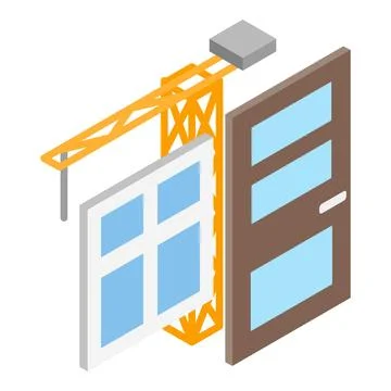 Construction concept icon isometric vector. Tower crane near new window and door Stock Illustration