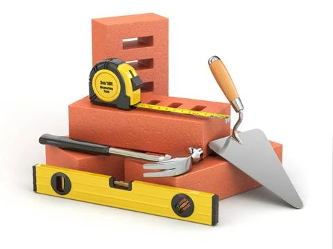 Construction concept. Tools and bricks. 3d Construction concept. Bricks, t... 스톡 사진