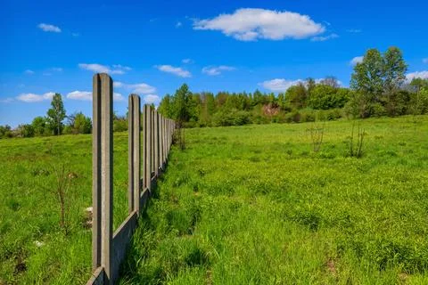 Construction of concrete elements on the green field Construction of concr... Foto stock