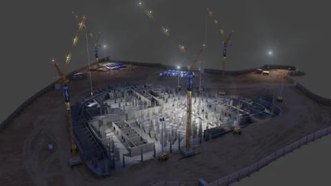 Construction of concrete foundation of building night on dark background Stock Illustration
