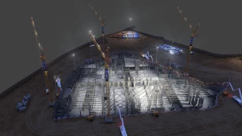 Construction of concrete foundation of building night on dark background Stock Illustration