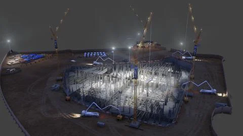 Construction of concrete foundation of building night on dark background Stock Illustration