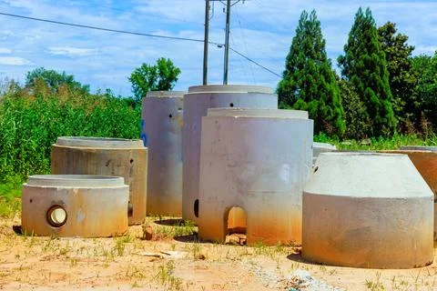 Construction of concrete structures in an agricultural setting on a sunny day Stock Photos