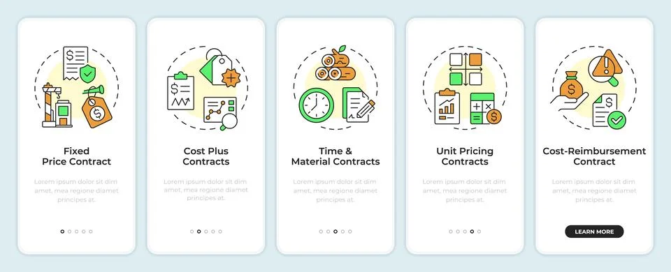 Construction contract classifications onboarding mobile app screen Stock Illustration