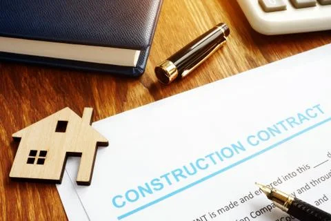 Construction contract, model of house and calculator. Stock Photos