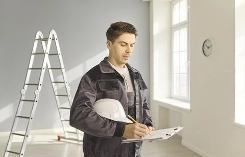 Construction contractor with helmet writing checklist in uniform at renovation Stock-Fotos