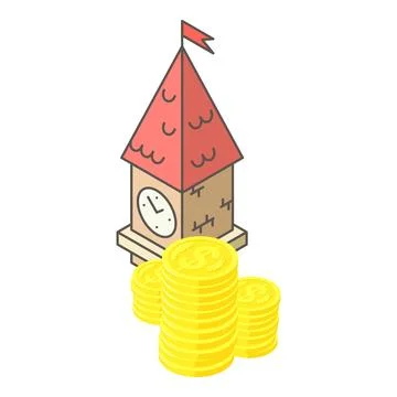 Construction cost icon isometric vector. Clock tower and stack of golden coin Stock Illustration