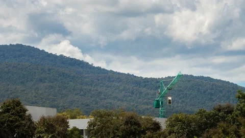 Construction crane and building among the trees. Time-lapse with panning left. Stock Footage 164275867