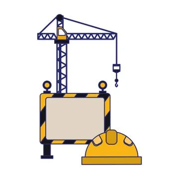 Construction crane and helmet with blank sign blue lines Stock Illustration