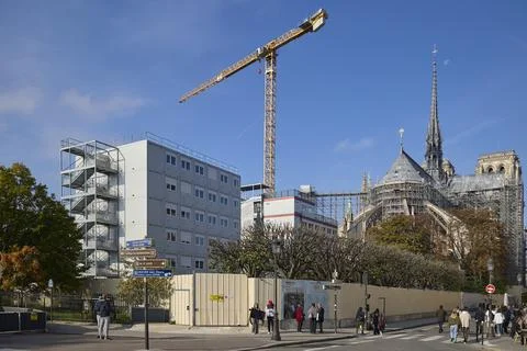 Construction crane and modular offices near Notre Dame Cathedral Stock Photos