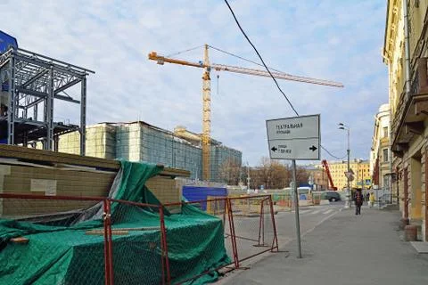 Construction crane at the Arts square in Saint-Petersburg Stock Photos