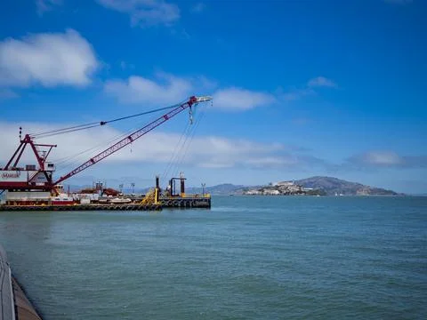 Construction crane barge floating in San Francisco Bay near Alcatraz Photos