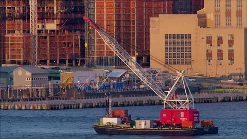 Construction crane on barge in the Hudson River. Stock Footage 78802712