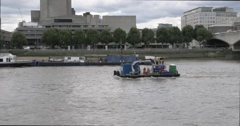Construction Crane Boat on River Thames North Bank London Stock Footage 80043477
