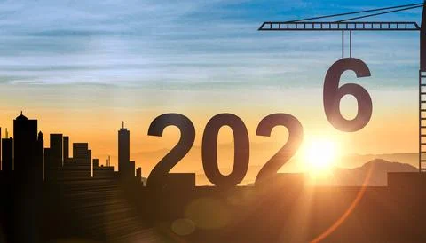 Construction crane building 2026 over city. Represents urban development, new Ilustración de archivo
