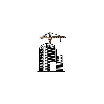 Construction crane building modern office skyscraper architecture line art Stock Illustration