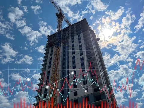 Construction crane is building a multi-storey house, in summer against the bl Fotos de archivo