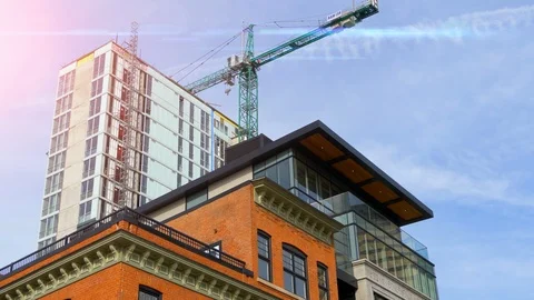 Construction Crane Building Structure, Steel Blue Sky Site Architecture Cranes Stock Footage 88964563