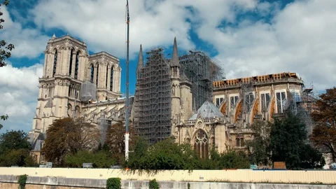 Construction crane at the Cathedral Notre-Dame in Paris in autumn 2019. In April Video stock 119040047