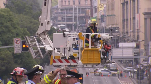 Construction crane collapses during building site fire &amp; accident PT9 Stock Footage 30348376