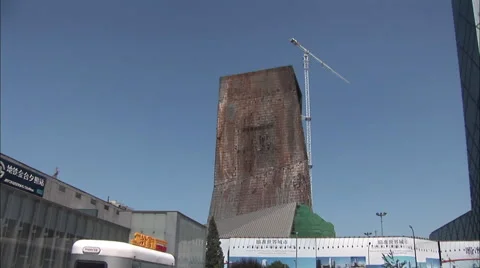 Construction crane, fire destroyed building Video stock 54230547