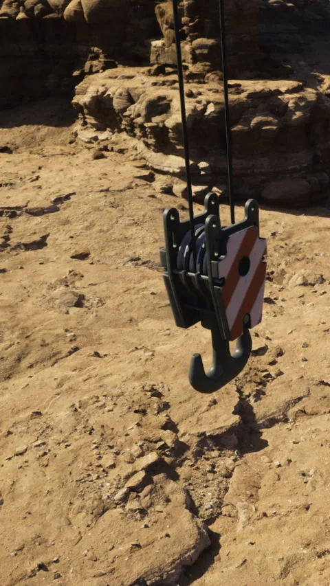 Construction crane hook hangs above rocky terrain in daytime Stock Footage 331441460