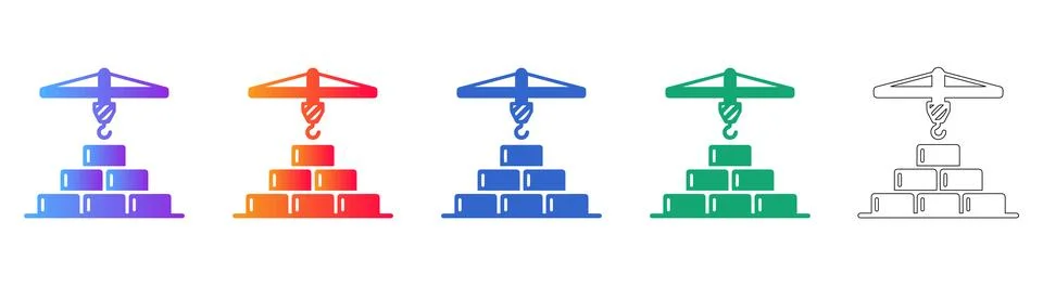 Construction Crane Lifting Bricks Icon Set Illustrazione stock