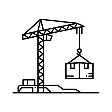 Construction Crane Lifting Cargo Box Line Art Illustration. Stock Illustration
