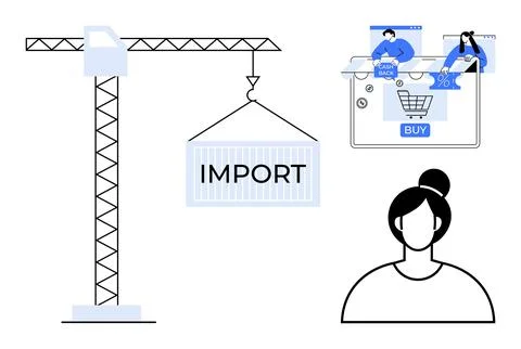 Construction crane lifting cargo container labeled IMPORT, woman with bun, di Stock Illustration