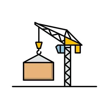 Construction Crane Lifting Cargo Load – Industrial Line Illustration. Stock Illustration