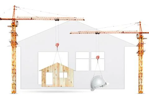 Construction crane lifting home and safety helmet on white background use for Stock Illustration