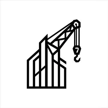 Construction crane lifting logo with bold black line graphic. Stock Illustration