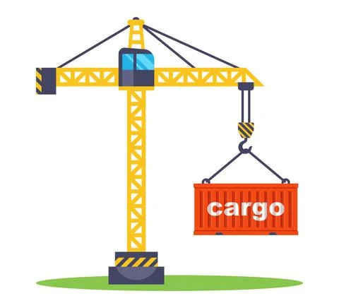 Construction crane lifts a red container with goods. loading a container for Stock Illustration