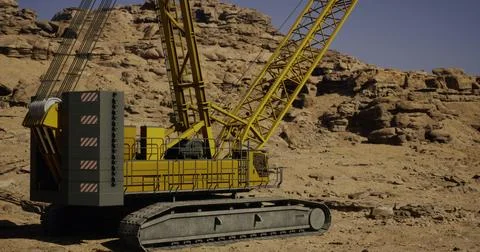 Construction crane operates in rocky terrain under clear blue sky Stock Illustration