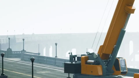 A Construction Crane Stands Tall Near a Foggy Bridge in an Urban Setting Stock Footage 344909946