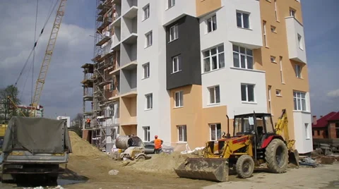 Construction. Crane. Tractor. Down-to-up panorama. Stock Footage 53824867