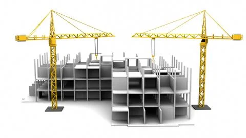 Construction crane on white background of highrise buildings. 3D rendering Stock Illustration