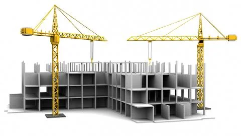 Construction crane on white background of highrise buildings. 3D rendering Stock Illustration