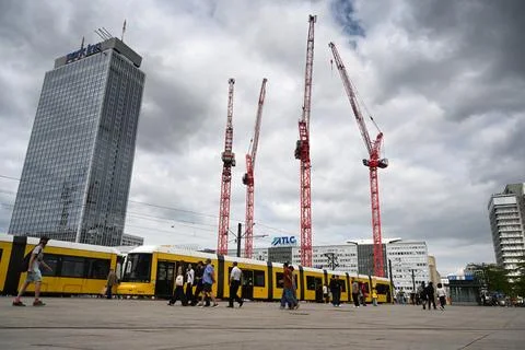 The construction cranes at the Alexanderplatz in Berlin Stock Photos